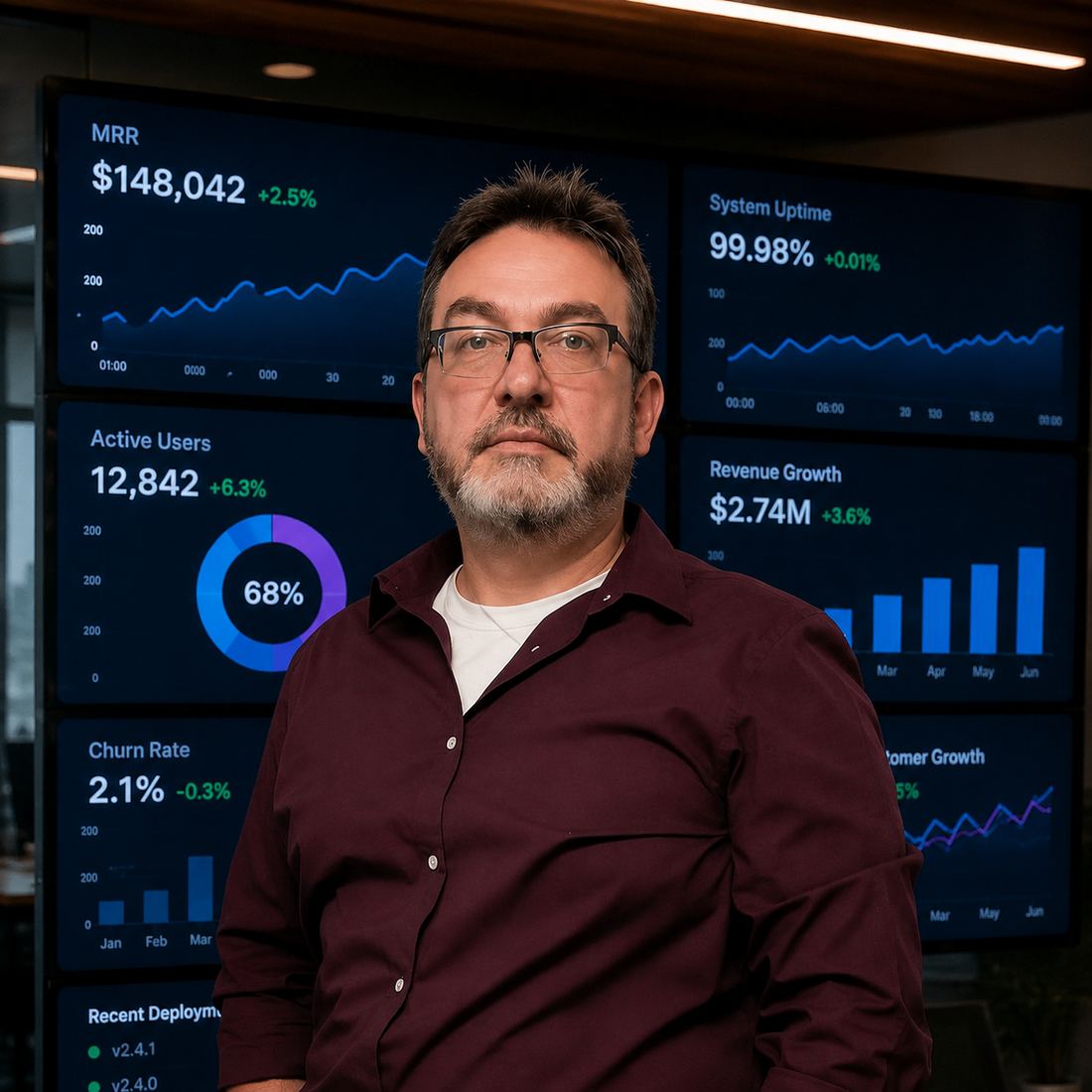 Antonel Neculai presenting in front of marketing analytics dashboards